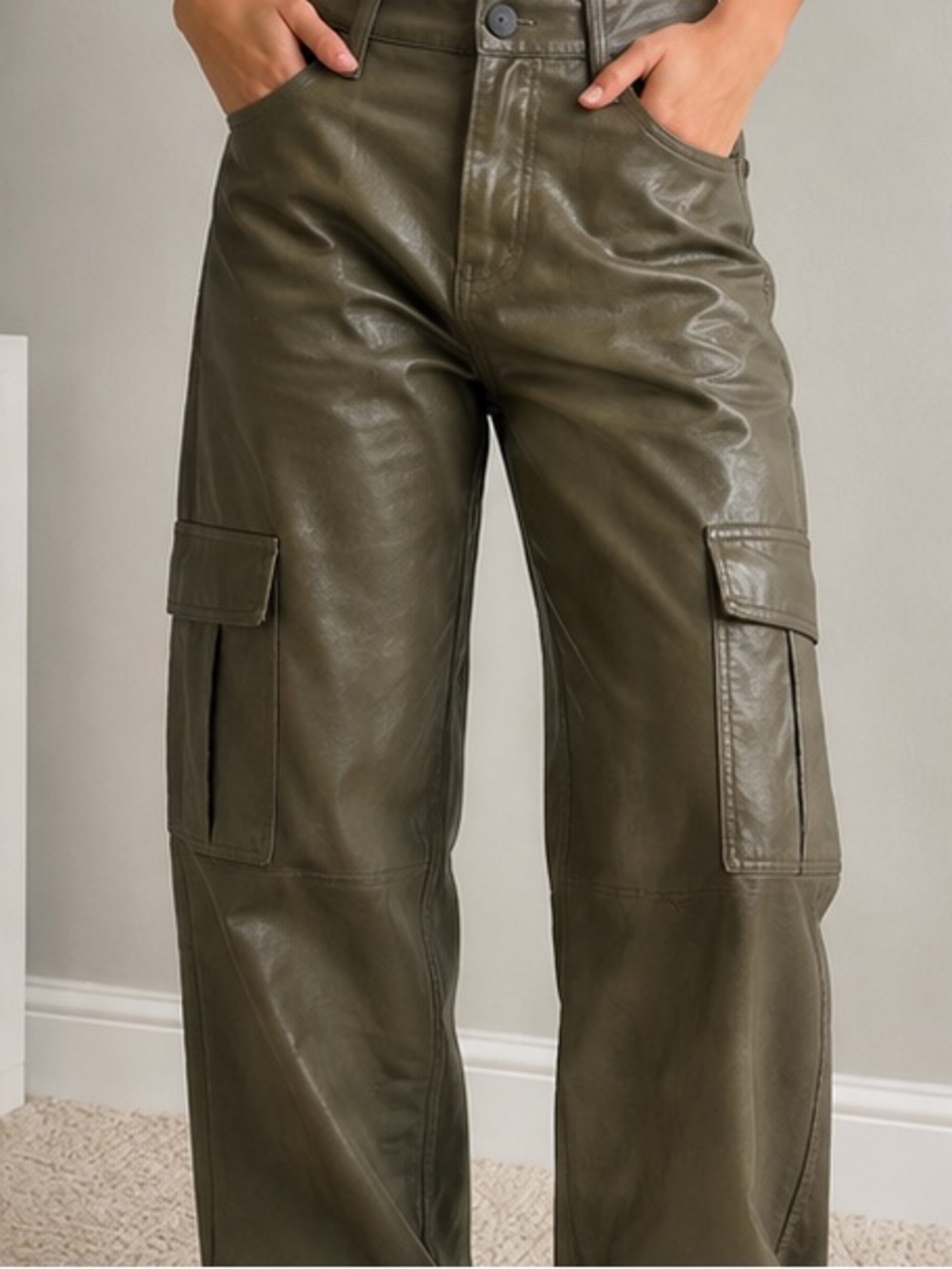 TGLA Cargo Pants Womens 7/28 Faux Leather Straight Leg Utility Pockets